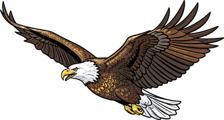 Obraz premium A detailed cartoon illustration of a majestic American bald eagle soaring through the air with its wings fully spread