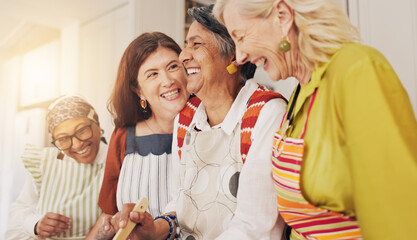 Cooking, laughing and mature women in kitchen for bonding, chef skills and culinary lesson. Happy, social reunion and senior friends with ingredients for learning recipes, cuisine and meal in home