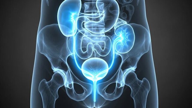 3D animation of the human urinary system showing the kidneys filtering blood and producing urine
