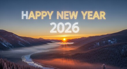 Happy New Year 2026 Scenic Sunrise Over Snowy Landscape