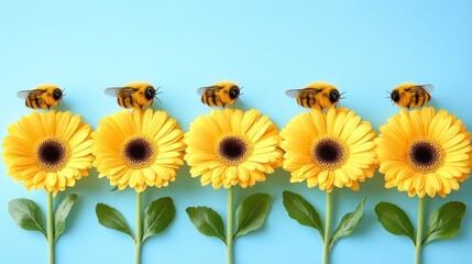 Obraz premium Yellow gerbera daisies with toy bees on a light blue background