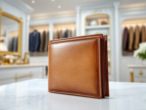 Elegant brown leather wallet showcasing luxury lifestyle with a walk-in closet in the background
