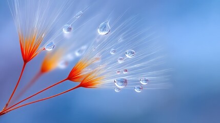 Close Up Macro Shot Of Dandelion Seed Head Covered In Morning Dew Drops With Soft Blue Blurred Background