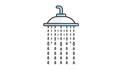 Simplified graphic of a showerhead with water droplets descending. It features a light blue and grey color scheme on a white background