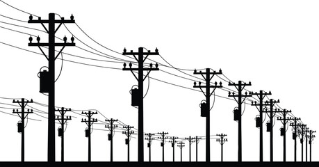 Utility poles, electrical infrastructure, power distribution, energy grid, transmission lines, industrial technology, electricity supply, rural landscape, perspective depth,