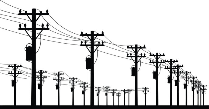 Utility poles, electrical infrastructure, power distribution, energy grid, transmission lines, industrial technology, electricity supply, rural landscape, perspective depth,