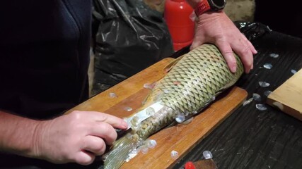 Hands scrape scales from a large fish on a wooden cutting board, removing them with firm strokes in a clear and realistic food preparation moment.