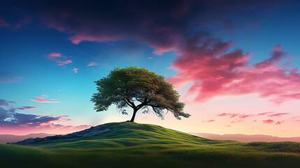 A solitary tree stands atop a grassy hill against a vibrant sunset sky landscape