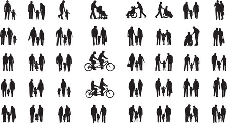 Vector silhouettes set of diverse families, parents, couples, and children graphic icons.