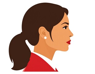 Simplified profile view of a woman with dark hair pulled back in a ponytail, wearing a red top and pearl earrings