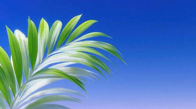 Close Up View Of A Vibrant Green Palm Tree Frond Against A Clear Bright Blue Sky With Subtle Gradient Lighting Capturing Tropical Nature