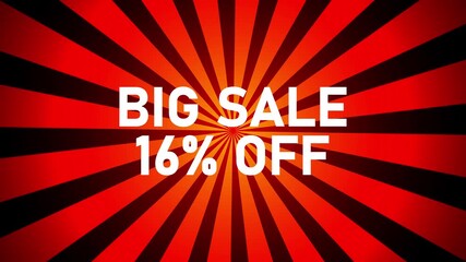 Big Sale 16 Percent Off Text on Red and Black Sunburst Background Keywords: sale, discount, promotion, offer, big sale, 16 percent off, sixteen percent off, percentage, off, savings, bargain