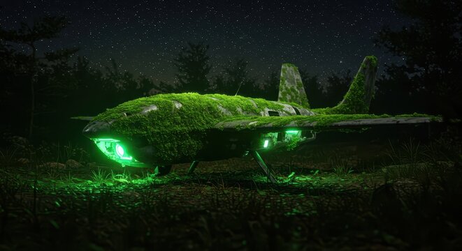 Abandoned aircraft overgrown with moss emits eerie green light in dark forest setting - Powered by Adobe