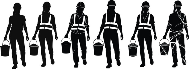 Construction worker walking, bucket carrying, safety helmet, black silhouette, manual labor, work attire, site movement, industrial effort, reflective vest
