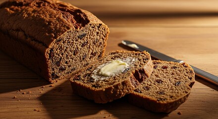 Close-up shot of a loaf of freshly baked bread with buttered slices on a wooden surface.