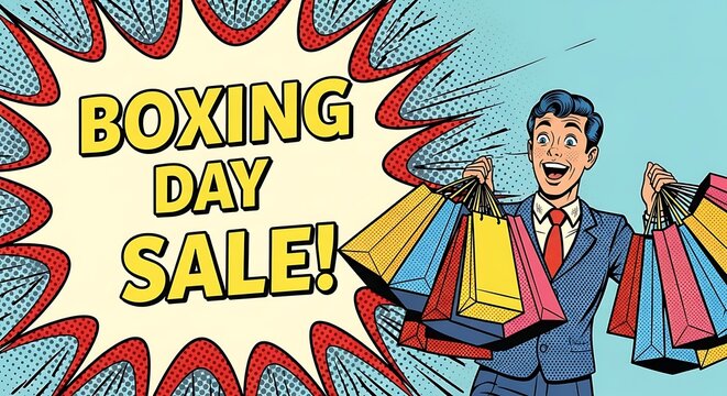 A retro pop art illustration of a happy man with colorful shopping bags during a Boxing Day sale advertisement. - Powered by Adobe