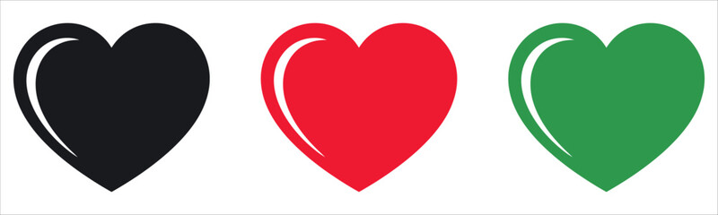 Three hearts in black, red and green sharing love and compassion in a modern, vibrant design about health, life, and the environment.