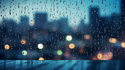 Raindrops on a window with a blurred city skyline in the background at night time