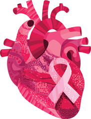 Pink Heart Awareness Ribbon – Flat Vector Cardiology Symbol