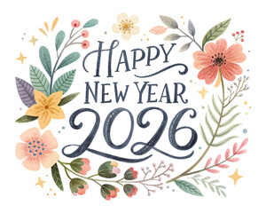 Elegant Watercolor Floral happy new year 2026 Design Isolated on White Background