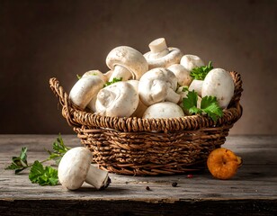 A rustic basket brimming with fresh, white button-shaped fungi, with parsley sprigs, on a weathered wooden surface