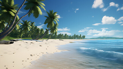 Tropical beach paradise with palm trees and clear blue water under a sunny sky