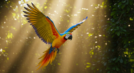 Vibrant macaw parrot soaring through sunlit forest canopy with golden rays of light