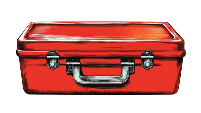 Toolbox red color showing metal repair kit container with organized equipment and industrial tool storage detail isolated on white background
