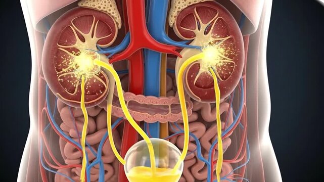 3D Animation of Human Urinary System Showing Urine Formation and Flow from Kidneys to Bladder. Detailed Medical Illustration of Renal Excretion Process in Human Anatomy.