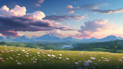 Scenic landscape of a field of flowers with mountains and a colorful sky at sunset