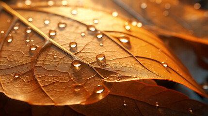 Closeup of a golden autumn leaf with water droplets glistening in the sunlight