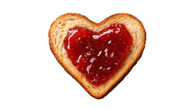 Toasted slice of bread with heart shape showing crispy breakfast toast and romantic food detail isolated on white background