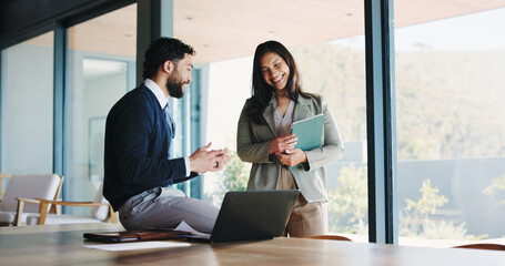 Meeting, laptop and laughing with business people in office for realtor listing, discussion and...