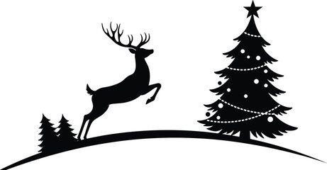 Christmas reindeer and decorated tree silhouette, winter holiday illustration, festive forest scene with snow, pine tree, and deer design for seasonal decoration