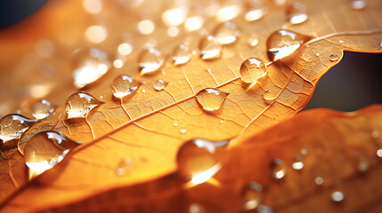 Closeup of delicate water droplets clinging to the surface of a vibrant autumn leaf