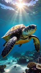 Fototapeta premium A vibrant underwater scene showcases a sea turtle gliding effortlessly amidst coral reefs and sunlit water, capturing oceanic beauty