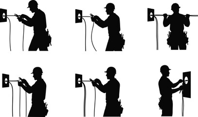 Electrician, wall outlet work, silhouette illustration, safety gear, hard hat, tool belt, wiring, black and white, vector, job, construction, repair