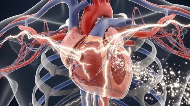 Medical 3D animation of a human heart experiencing a heart attack or cardiac arrest. Visualization of chaotic electrical impulses