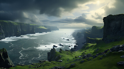 Dramatic coastal landscape with cliffs, ocean, and stormy sky for a travel adventure