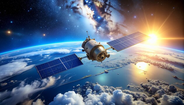 Satellite orbiting a vibrant Earth with sunlit clouds and a starry sky, offering a modern vision of space exploration and technology advancement.