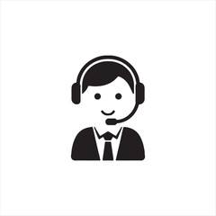 Customer Support Icon – Professional Headset Agent in Black and White Vector Style for Help Desk, Call Center, and Technical Assistance
