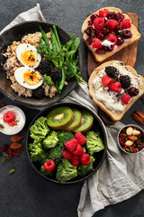 Breakfast superfoods, vegetarian food concept. Healthy lifestyle.