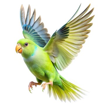Green parrotlet in flight against a white backdrop bird photography