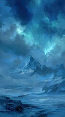 Shimmering Lights Above Snowy Mountains in Magical Frozen Mist