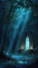 Ethereal Forest Temple with Illuminated Shafts of Light Through Mist