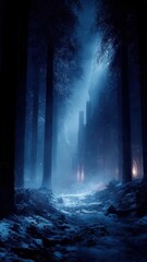 Mysterious Forest Temple Illuminated by Shafts of Light in Mist