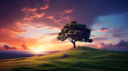 Lone tree on a hill at sunset with colorful sky and clouds in the background