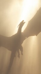 Majestic Dragon Silhouette Flying Through Fog and Sunlight Rays