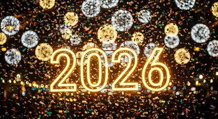 Happy New Year 2026 Celebration Glowing Lights Confetti