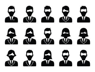 Business Avatar Silhouettes – Male and Female Professionals in Suits and Distinct Hairstyles